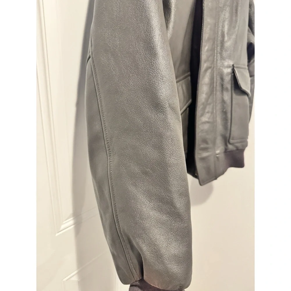 Vintage LL Bean Goat Skin Leather Bomber Jacket Mens L Black Sherpa Lined